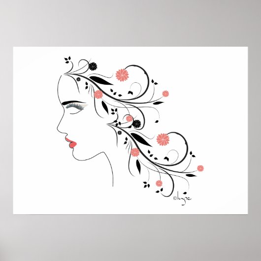 美しい女性プロフィール花と渦巻き ポスター (正面)