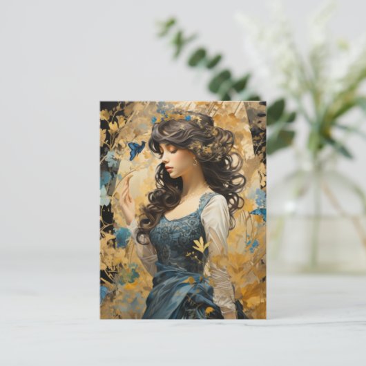 美しい女性長い髪の青い蝶のコラージュ ポストカード (スタンド正面)