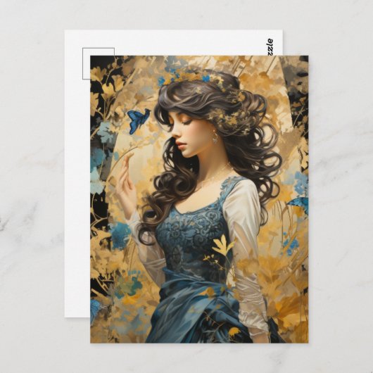 美しい女性長い髪の青い蝶のコラージュ ポストカード (正面/裏面)