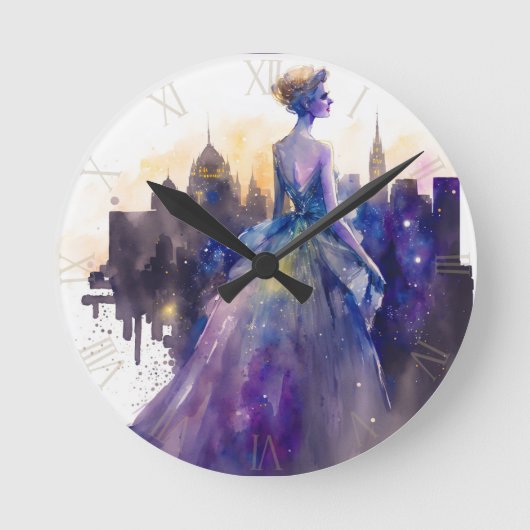 美しい女性 |抽象芸術おとぎ話シティプリンセス ラウンド壁時計 (正面)