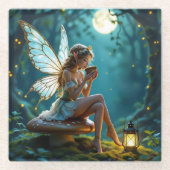 美しい妖精がコーヒーを飲んで魅惑的な森 ガラスコースター (正面)