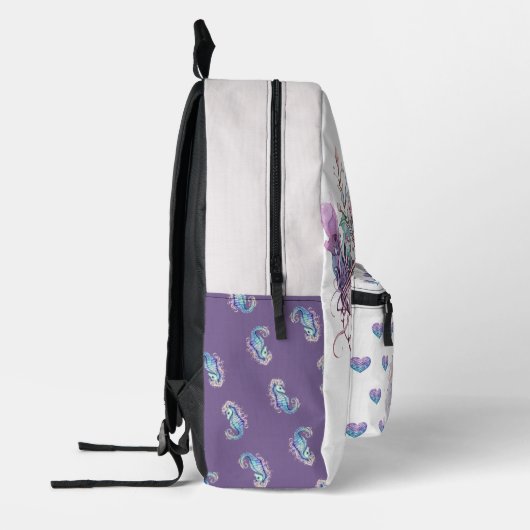 美しい妖精のマーメイドティール（緑がかった色）パープル名前をカスタムする プリントバックパック (左)