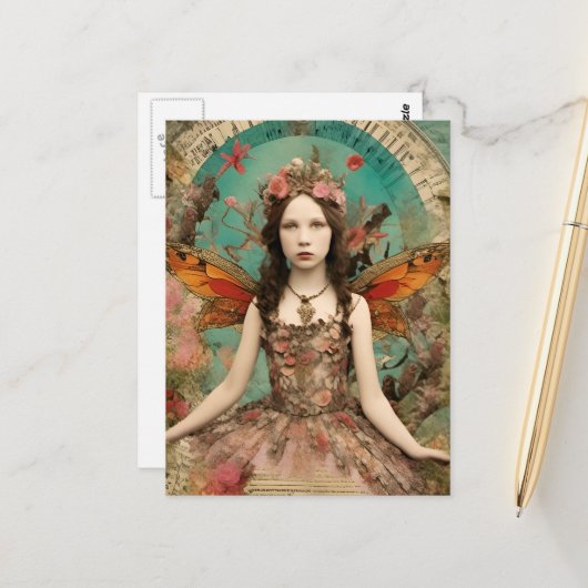 美しい妖精のヴィンテージ混合メディアコラージュ ポストカード (正面/裏面インサイチュ)