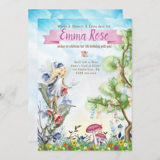 美しい妖精の誕生日パーティー 招待状 (正面/裏面)