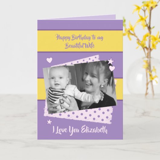 美しい妻の紫と黄色の誕生日写真 カード (黄色い花)