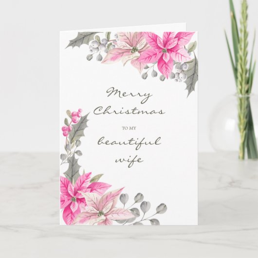 美しい妻ピンクかわいらしポインセチアのクリスマス カード (正面)