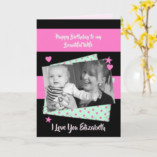 美しい妻ピンクと黒の誕生日写真 カード (黄色い花)