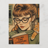 美しい婦人と彼女の猫の読書 ポストカード (正面)