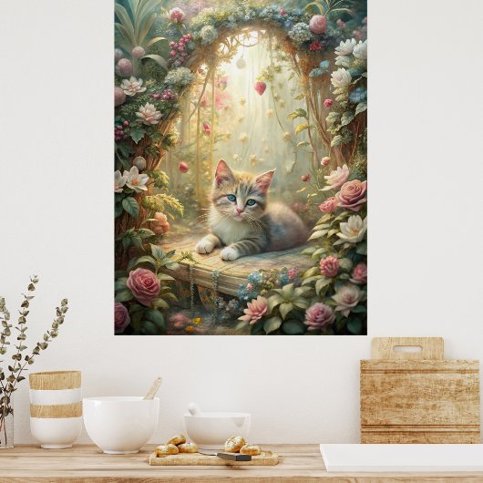 美しい子猫のバラガーデン(シャビーシック) ポスター (キッチン)