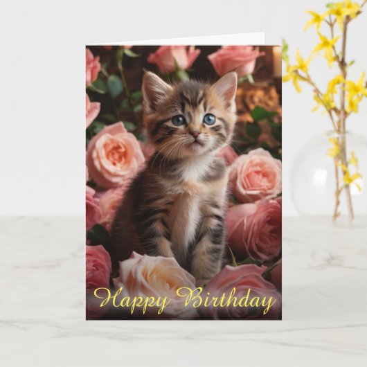 美しい子猫のヒゲとピンクエレガントのバラ カード (黄色い花)