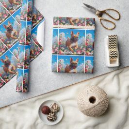 美しい子豚フランスのブルドッグ&フラワー ラッピングペーパー