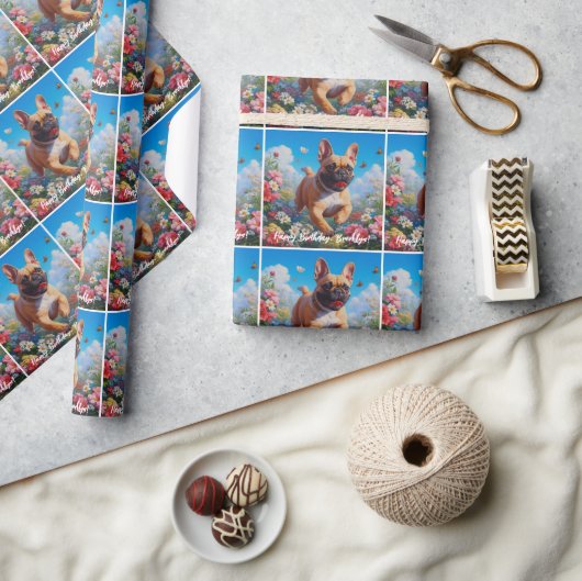 美しい子豚フランスのブルドッグ&フラワー ラッピングペーパー (クラフト)