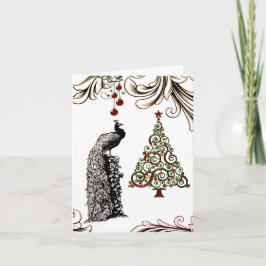 美しい孔雀およびクリスマスツリーの休日 サンキューカード