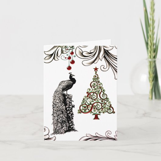 美しい孔雀およびクリスマスツリーの休日 サンキューカード (正面)