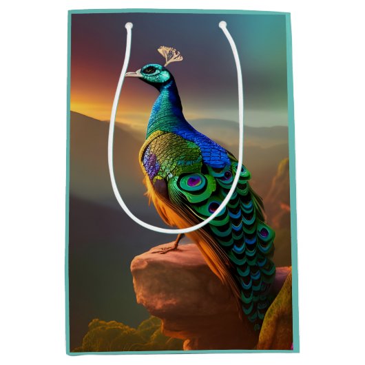 美しい孔雀が日を迎える ミディアムペーパーバッグ (正面)