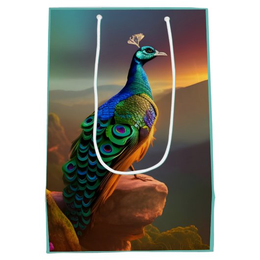 美しい孔雀が日を迎える ミディアムペーパーバッグ (裏面)