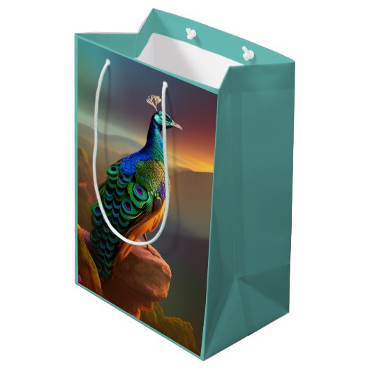 美しい孔雀が日を迎える ミディアムペーパーバッグ (裏面アングル)