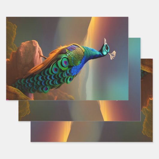 美しい孔雀が日を迎える ラッピングペーパーシート (セット)