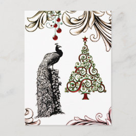 美しい孔雀とクリスマスツリーありがとう シーズンポストカード
