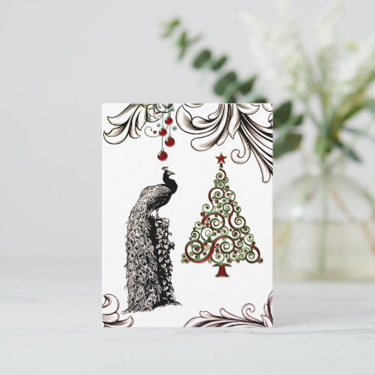 美しい孔雀とクリスマスツリーありがとう シーズンポストカード (スタンド正面)
