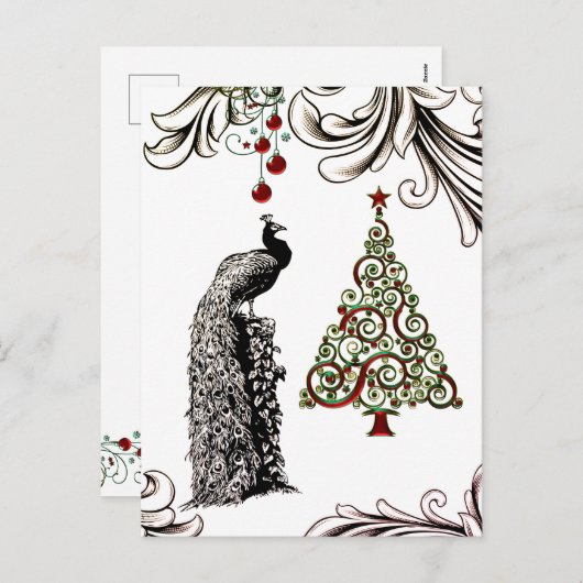 美しい孔雀とクリスマスツリー シーズンポストカード (正面/裏面)