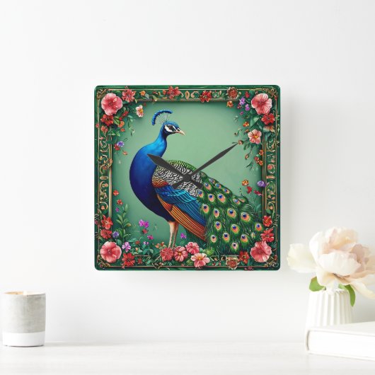 美しい孔雀のフローラの背景 スクエア壁時計 (ホーム)