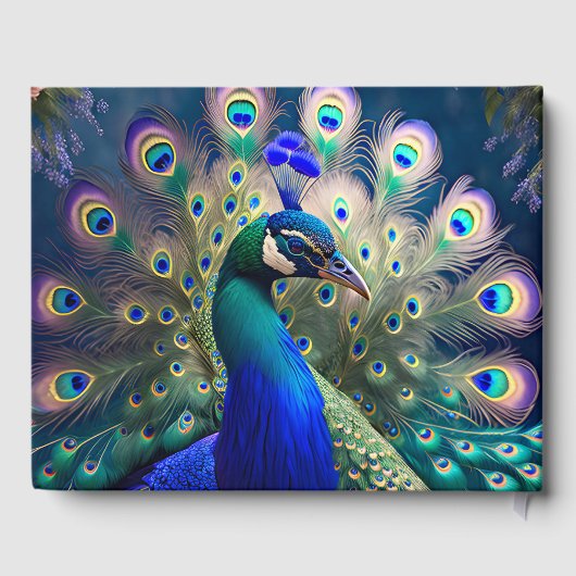 美しい孔雀の羽根を備えたターコイズとゴールドの装飾 ゲストブック (裏面)