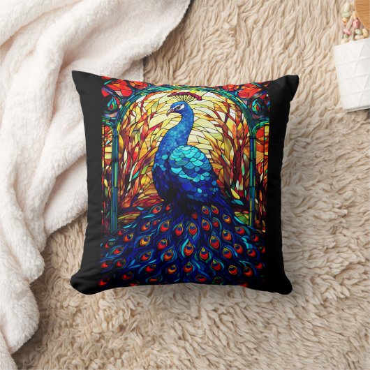 美しい孔雀ステンドグラス野生生物アート クッション (ブランケット)