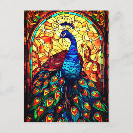 美しい孔雀ステンドグラス野生生物アート ポストカード