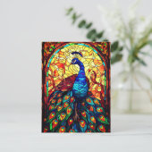 美しい孔雀ステンドグラス野生生物アート ポストカード (スタンド正面)