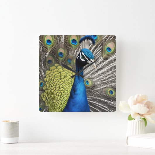 美しい孔雀 スクエア壁時計 (ホーム)