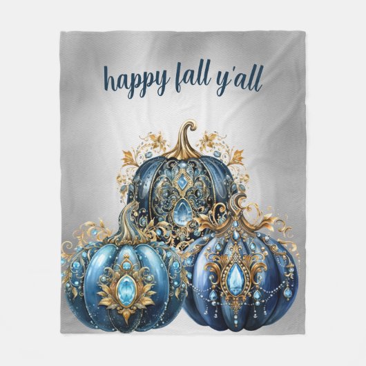 美しい宝石で飾られた青と金ゴールドカボチャ フリースブランケット (正面)