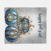 美しい宝石で飾られた青と金ゴールドカボチャ フリースブランケット (正面(横))