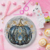 美しい宝石で飾られた青と金ゴールドカボチャ ペーパープレート (パーティー)