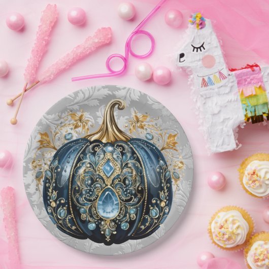 美しい宝石で飾られた青と金ゴールドカボチャ ペーパープレート (パーティー)