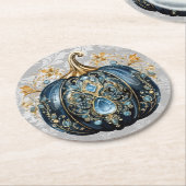 美しい宝石で飾られた青と金ゴールドカボチャ ラウンドペーパーコースター (アングル)
