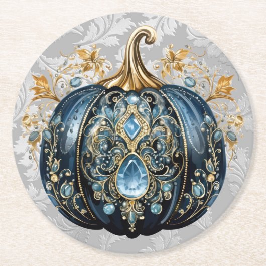 美しい宝石で飾られた青と金ゴールドカボチャ ラウンドペーパーコースター (正面)