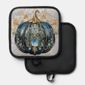 美しい宝石で飾られた青と金ゴールドカボチャ 鍋敷き (正面/裏面)