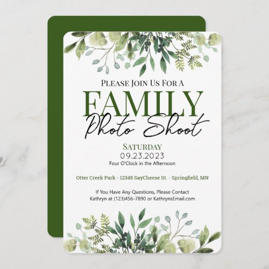 美しい家族の写真の撮影 招待状 (正面/裏面)
