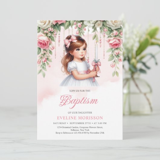 美しい小さな女の子付きキャンドル赤面バラリース 招待状 (スタンド正面)