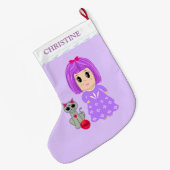 美しい少女と猫 ラージクリスマスストッキング (裏面 (吊り時))