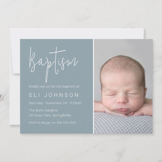 美しい少年の写真ほこりっぽい青いバプテスマ 招待状 (正面)