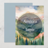 美しい山々の水彩グリッターウェディング 招待状 (正面/裏面)