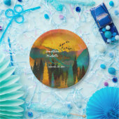 美しい山の夕日、木々と結婚鳥 ペーパープレート (パーティー)