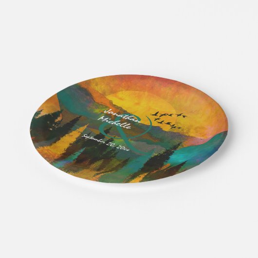 美しい山の夕日、木々と結婚鳥 ペーパープレート (アングル)