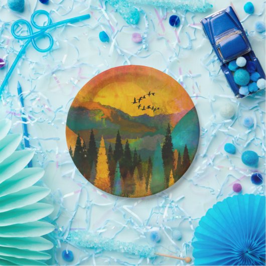 美しい山の夕日、木々と結婚鳥 ペーパープレート (パーティー)