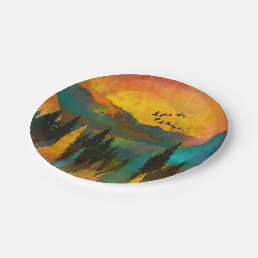 美しい山の夕日、木々と結婚鳥 ペーパープレート (アングル)