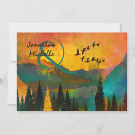 美しい山の夕日、木々と結婚鳥 招待状