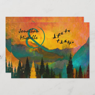 美しい山の夕日、木々と結婚鳥 招待状