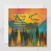美しい山の夕日、木々と結婚鳥 招待状 (裏面)
